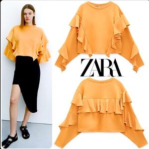 NWT Womens ZARA Orange Ruffle Sweatshirt Pullover top size Small